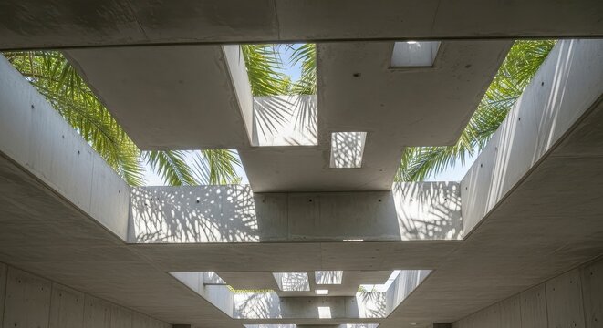 View of palm trees and sky through rectangular openings in a concrete structure from below angle
