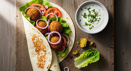 Delicious homemade falafel wrap recipe with tahini sauce and fresh vegetables