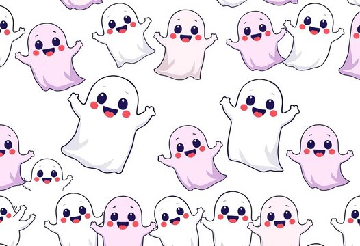 Adorable cartoon ghost pattern featuring friendly, smiling ghosts in playful poses on a pastel background, spirit, pastel ghost - Powered by Adobe