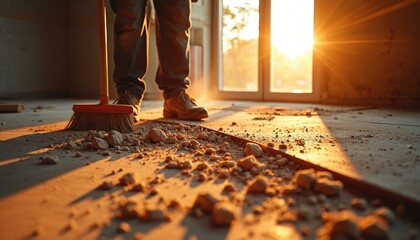 Construction worker sweeps debris on floor after renovation. Sun illuminates the room. Person cleaning up building site in natural sunlight. Man with broom tidies up the workspace.