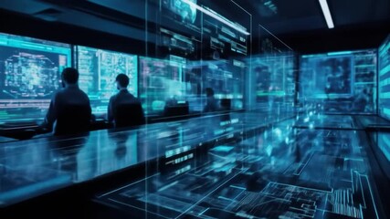 Futuristic command center with digital interfaces and data visualizations, high-tech control room - Powered by Adobe