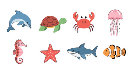 Cartoon sea creatures collection dolphin turtle crab jellyfish seahorse