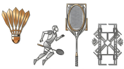 Set of badminton icons, including a shuttlecock, player, racket, and geometric design