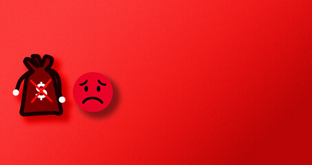 Symbolizing financial problem and economic loss, a cross marked money bag and sad face emoji on a vibrant red background represent a negative outcome and business struggle