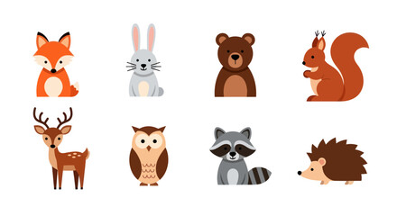 Cartoon forest animals illustration fox rabbit bear squirrel deer owl racoon hedgehog