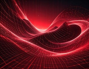 Abstract flowing red grid landscape against a dark background, lit from behind, creates a wavy, mountainous texture
