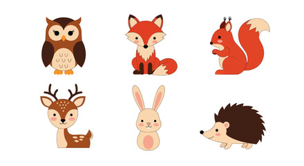 Cartoon forest animals illustration owl fox squirrel deer rabbit and hedgehog