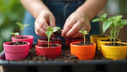 Person plants new green sprouts in colorful small pots. Child tends to seedlings in home garden. Growing plants indoors on windowsill. Early spring cultivation.
