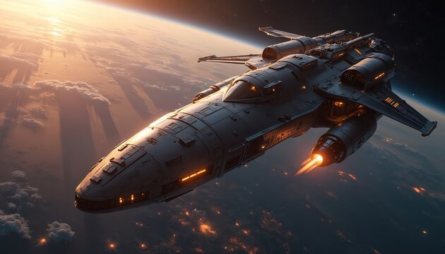 Advanced spaceship flies near planet Earth during sunset. Vehicle has bright orange engines on. Spacecraft flies in orbit above clouds. Future travel by ship.