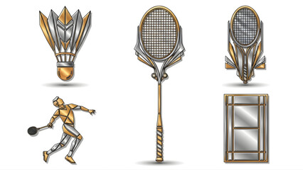 A premium collection of stylized badminton sports icons in gold and silver, featuring a racket, shuttlecock, player, and court for modern championship design