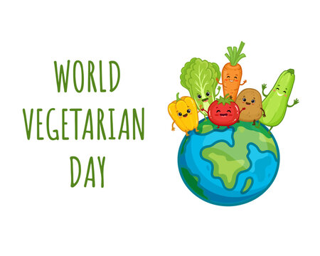 World Vegetarian Day. Happy cute vegetables. Zucchini, potato, pepper, Chinese cabbage, carrot and tomato. Healthy food concept. Vector illustration