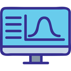 Blue computer monitor displaying a statistical graph with a peak and horizontal bars on a transparent background abstract data visualization concept
