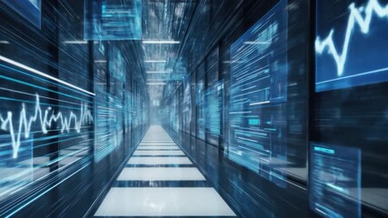 Futuristic data center corridor with glowing monitors displaying financial data - Powered by Adobe