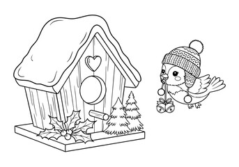 Charming Winter Bird and Cozy Birdhouse Coloring Pages Festive Holiday Season Activity