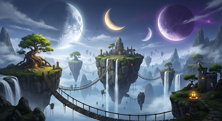 Fantasy floating islands with waterfalls under mystical moons