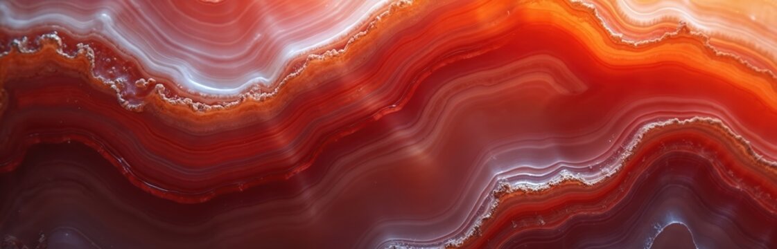 Red agate stone texture with white wavy bands. Macro view of mineral layers showing rich color gradations from dark red to bright orange and white. Detailed surface pattern formed by nature.