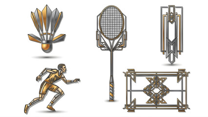 Golden Geometric Sports Shuttlecock, Racket, Runner, Ornament Icons