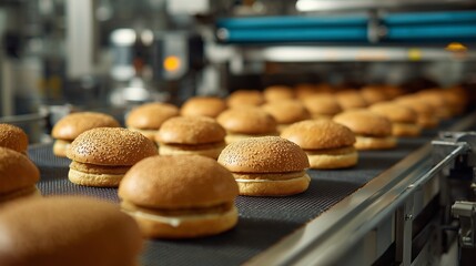 Freshly baked hamburger buns move along a conveyor belt in a busy bakery setting. The golden buns showcase the precision of the production process as they await packaging.