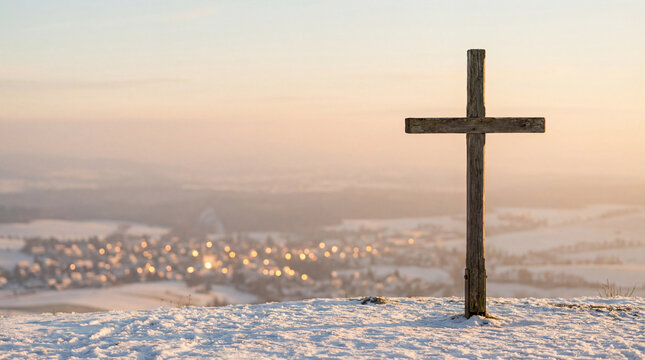 Wooden cross on snowy hillside at sunrise overlooking a winter village. Use for faith based Christmas messaging, church bulletins, inspirational cards and seasonal devotionals.
