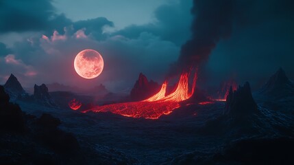 Lava River Flowing Across Alien Planet Surface with Red Moon in Sky Volcanic Landscape Celestial Body Eruption Hot Molten Magma Extraterrestrial Geology Render