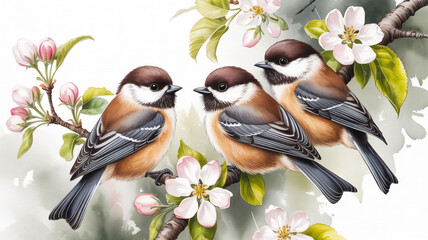 A soft, painterly illustration of three small brown and gray birds perched on flowering branches against a muted gray and white background.
