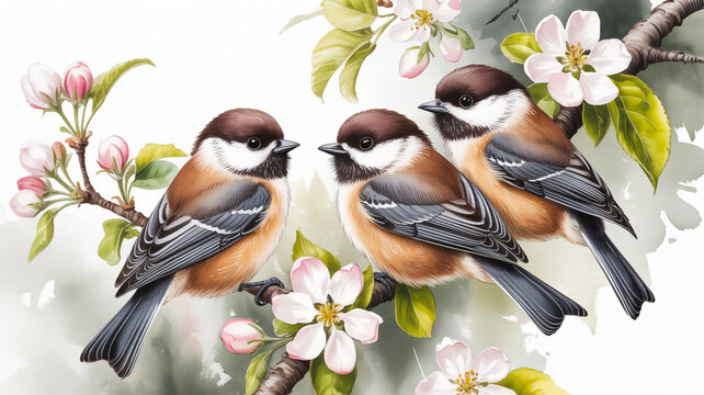 A soft, painterly illustration of three small brown and gray birds perched on flowering branches against a muted gray and white background.