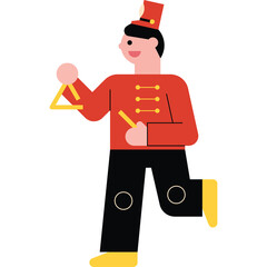 Cartoon Musician In Red Uniform Playing Triangle And Stick With Black Pants And Yellow Shoes And Hat On Transparent Background