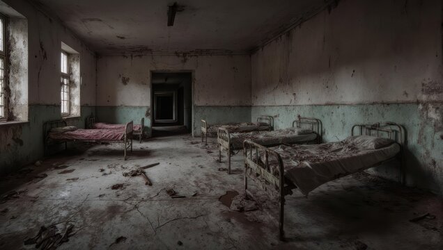 Dilapidated institutional room with metal beds, stained walls, and a dark corridor