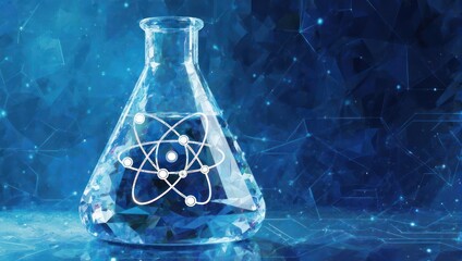 Erlenmeyer flask with atomic structure illustration in a science lab.