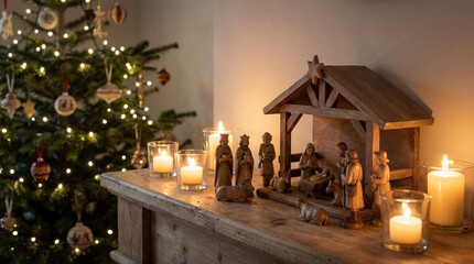 Wooden nativity set on mantle surrounded by glowing candles and Christmas tree lights. Use for faith based marketing, church materials, inspirational holiday cards and religious seasonal promotions.
