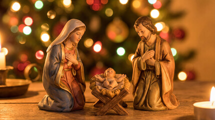 Warm close up of nativity figurines with baby Jesus in front of glowing Christmas tree. Use for religious greeting cards, faith based messaging, inspirational holiday branding and seasonal devotionals