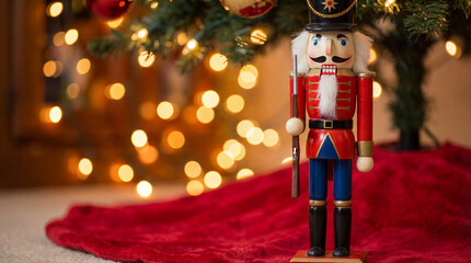 Classic wooden nutcracker soldier standing beneath Christmas tree with glowing ornaments. Use for holiday retail promotions, children’s seasonal products, festive event marketing and toy themed ads .