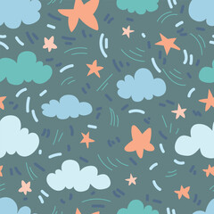 Seamless doodle-style pattern with clouds, stars, and abstract elements, perfect for stationery, textiles, creative projects, background design, packaging, and decorative illustrations