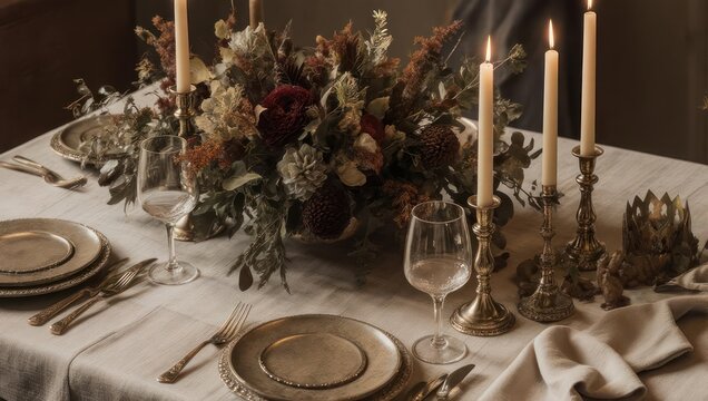 Elegant Table Setting with Candles and Floral Centerpiece.