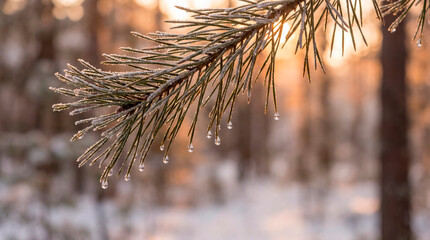 Frosted pine needles at sunrise with winter sparkle. Use for holiday, nature, wellness and seasonal marketing.
