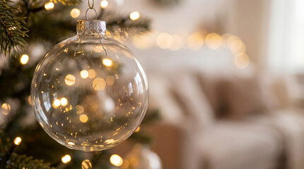 Clear glass ornament glowing with warm lights on tree. Use for minimalist holiday branding, elegant product promos, home décor ads and seasonal lifestyle marketing.