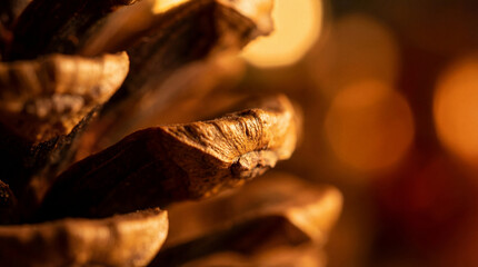 Macro shot of pine cone in warm holiday lighting. Use for seasonal backgrounds, Christmas branding, textured design elements and winter advertising campaigns.