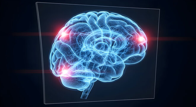 Human Brain Illustration with Active Points on Dark Background - Powered by Adobe
