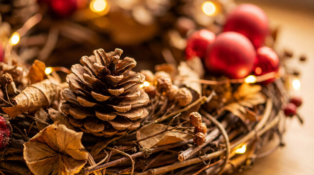 Holiday wreath closeup with pine cone dried leaves and warm lights. Use for rustic Christmas décor branding, seasonal product packaging, home goods marketing and craft promotions.