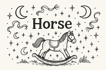 Rocking Horse Wonderland. Hand-drawn rocking horse park with moons, ribbons, and sparkles, center word &ldquo;Horse&rdquo; in black and white