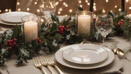 Elegant, festive holiday table setting with candles, garland, and fine china