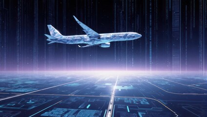 Digital Airplane Ascending Over a Futuristic Grid Landscape.
