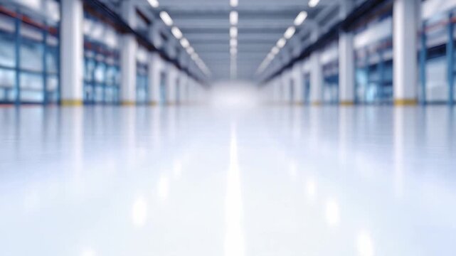 Blurred perspective of a bright empty industrial warehouse interior with a polished floor and overhead lighting