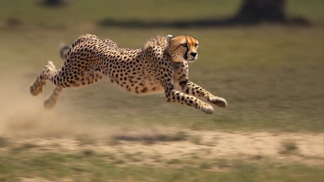 Cheetah Running at High Speed Across a Grassy Plain Kicking Up Dust photo (234