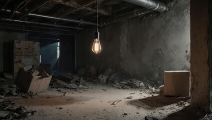 Dimly lit, aged basement with bare bulb, debris, and boxes. Gritty, industrial atmosphere