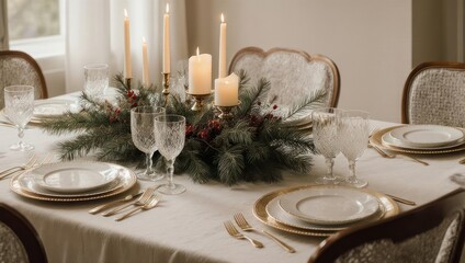 Elegant Christmas Table Setting with Candles and Evergreen Centerpiece.