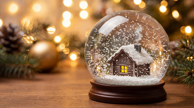 Snowy cabin inside warm glowing snow globe. Use for cozy Christmas cards, winter promotions, seasonal branding and holiday lifestyle marketing.