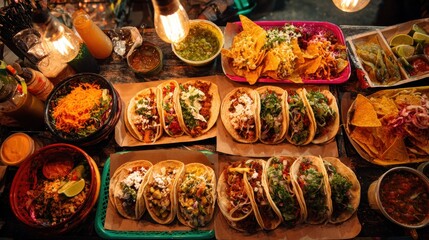 Vibrant tacos and nachos served on a rustic table
