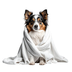 Dog wrapped in towel on transparent background sitting pretty