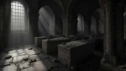 Dimly lit stone crypt with arched ceilings, sunlight streaming through window, showing tombs